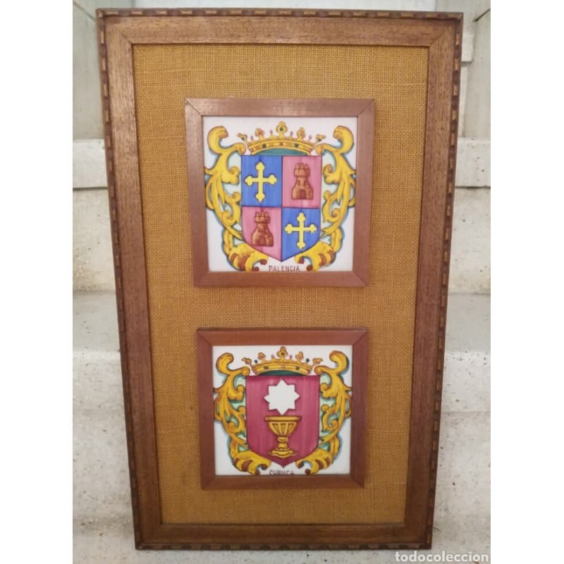 CUENCA-PALENCIA-AZULEJOS HERALDICOS ENMARCAFOS EN CERAMICA PIJTADOS A MANO-ARTESANIA-ANTIGUOS. CUENCA-PALENCIA-AZULEJOS HERALDICOS ENMARCAFOS EN CERAMICA PIJTADOS A MANO-ARTESANIA-ANTIGUOS.