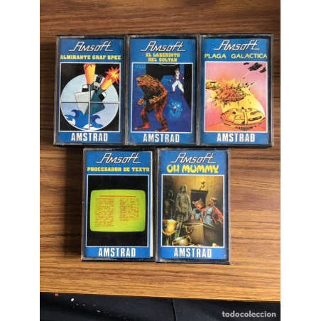 AMSTRAD-AMSOFT-5 CINTAS CASSETTE-4 JUEGOS Y PROCESADOR DE TEXTO-AÑOS 80.