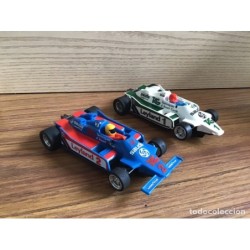 SCALEXTRIC-EXIN-2 COCHES LEYLAND FW 07 BLANCO Y AZUL-REF.4068-MADE IN SPAIN-ORIGINALES DE EPOCA.