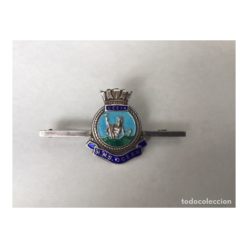 H.M.S. OCEAN-TIE PIN-PIN DE ALFILER-ALFILER DE CORBATA-SILVER-PLATA Y ESMALTADO-ROYAL NAVY.