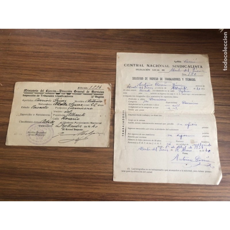 GUERRA CIVIL ESPAÑOLA-INSPECCION DE TRIBUNALES CLASIFICADORES-CENTRAL NACIONAL SINDICALISTA.