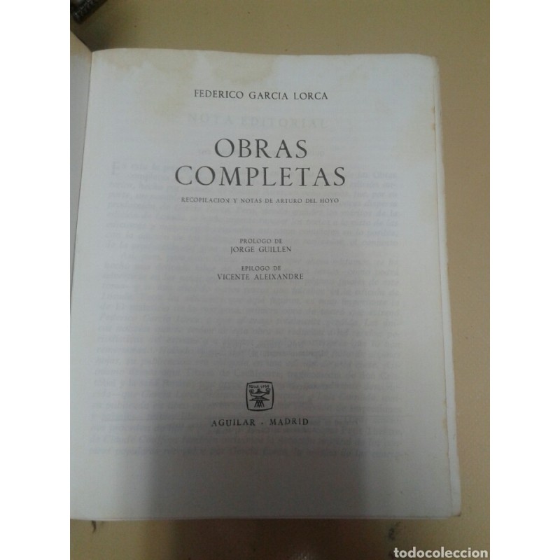 FEDERICO GARCÍA LORCA-OBRAS COMPLETAS. EDITORIAL AGUILAR. QUINTA EDICIÓN. AÑO 1963.
