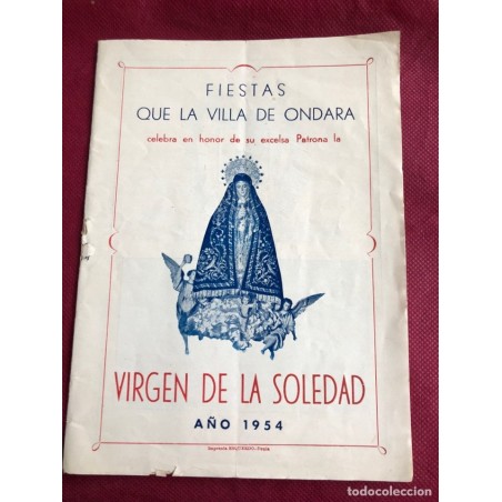 ALICANTE-ONDARA- PROGRAMA OFICIAL- FIESTAS VIRGEN DE LA SOLEDAD-AÑO 1954-ORIGINAL.