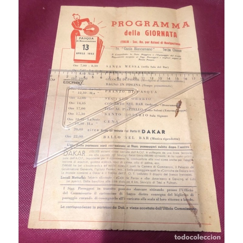 CONTE BIANCAMANO-TRASATLANTICO ITALIANO-PARTE DIARIO-PROGRAMMA DELLA GIORNATA-ORIGINAL-AÑO 1952. CONTE BIANCAMANO-TRASATLANTICO ITALIANO-PARTE DIARIO-PROGRAMMA DELLA GIORNATA-ORIGINAL-AÑO 1952.