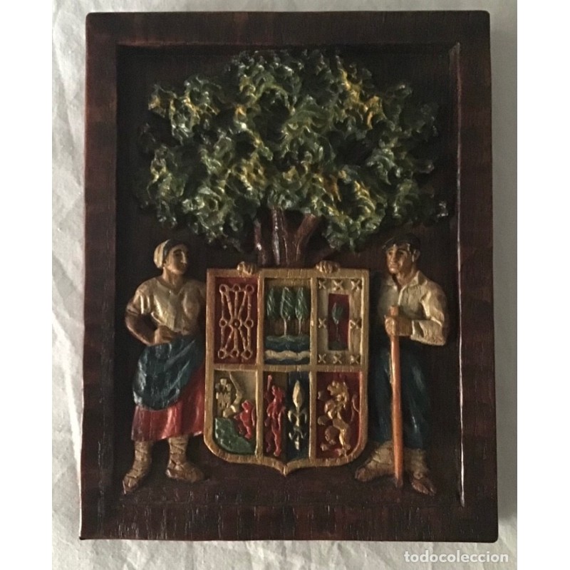 EUSKAL HERRIA-PAÍS VASCO-CUADRO ESCUDO TALLADO EN RELIEVE Y POLICROMADO