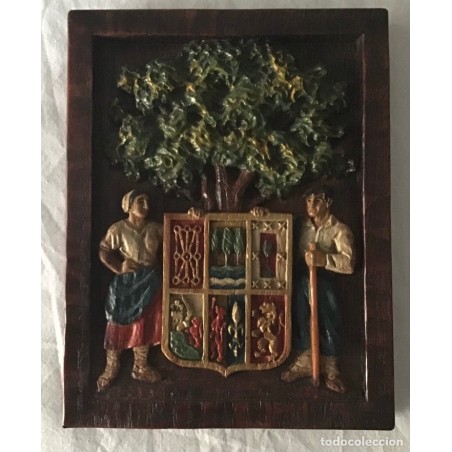 EUSKAL HERRIA-PAÍS VASCO-CUADRO ESCUDO TALLADO EN RELIEVE Y POLICROMADO