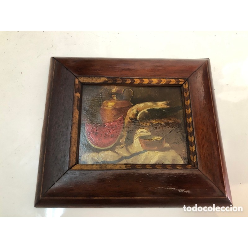 BODEGON OLEO EN TABLILLA ANTIGUO-POSIBLE FIRMA ESCONDIDA.