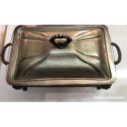 BANDEJA SERVIDOR DE BUFFET CALIENTA PLATOS DE ALCOHOL-METAL PLATEDO Y CRISTAL.