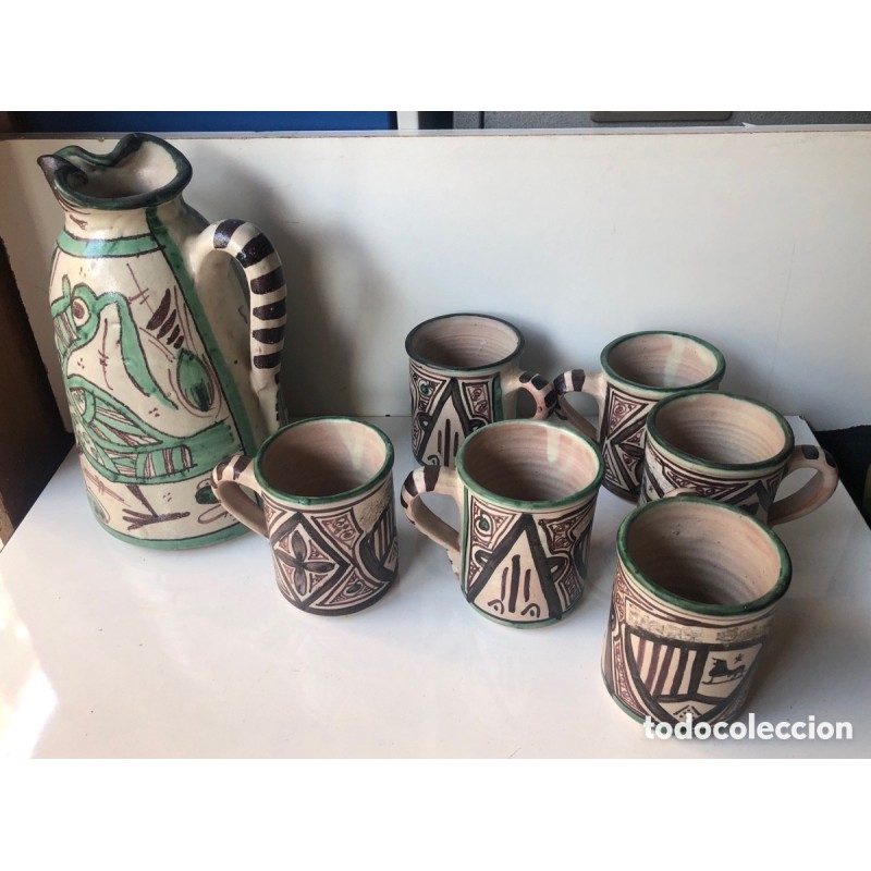 CERAMICA D. PUNTER-CERAMICA DE TOLEDO-JARRA Y JUEGO DE 6 VASOS HECHOS A MANO.