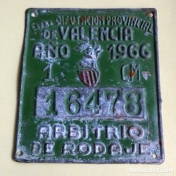 CHAPA MATRÍCULA DIPUTACIÓN PROVINCIAL DE VALENCIA-ARBITRIO DE RODAJE-AÑO 1966.