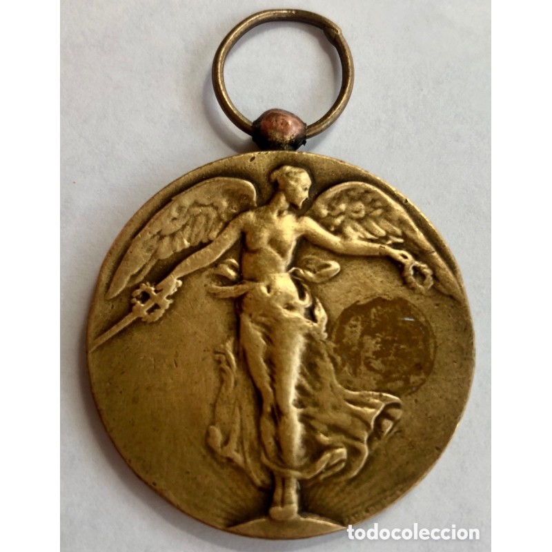 1ª GUERRA MUNDIAL-ANTIGUA MEDALLA COLGANTE BRONCE ART NOVEAU ANGEL DE LA VICTORIA-REPUBLICA FRANCESA