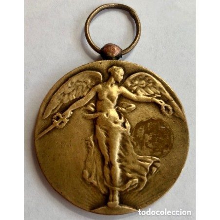 1ª GUERRA MUNDIAL-ANTIGUA MEDALLA COLGANTE BRONCE ART NOVEAU ANGEL DE LA VICTORIA-REPUBLICA FRANCESA