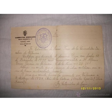 GUERRA CIVIL ESPAÑOLA -CERTIFICADO BUENA CONDUCTA POR EL PRIOR ESTANISLAO DE JESUS-AÑO 1939