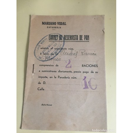 CARTILLA DE RACIONAMIENTO DE PAN. CATARROJA. MUY RARA.