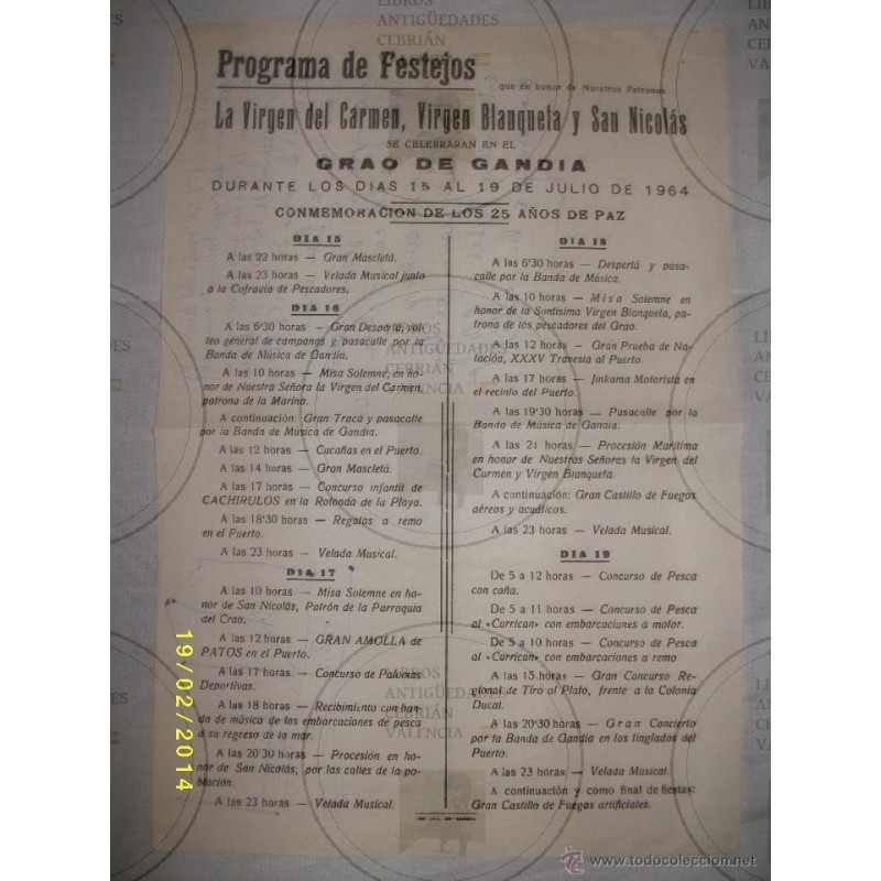 GRAO DE GANDIA .PROGRAMA DE FESTEJOS JULIO DE 1964. GRAO DE GANDIA .PROGRAMA DE FESTEJOS JULIO DE 1964.