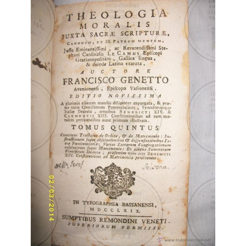 THEOLOGIA MORALIS JUXTA SACRAE SCRIPTURE TOMO V 1769