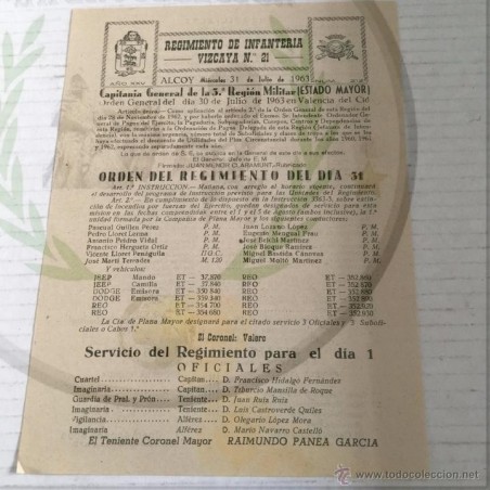 ORDEN DEL DÍA REGIMIENTO DE INFANTERÍA VIZCAYA N.21 CAPITANÍA GENERAL 3ª REGIÓN M. ESTADO MAYOR