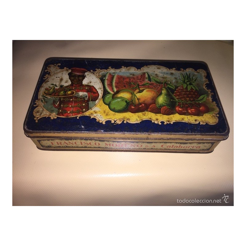 CAJA METALICA. FABRICA DE DULCES FRANCISCO MORENO MORENO. CALAHORRA. CON SU ETIQUETA DE PRECIO.