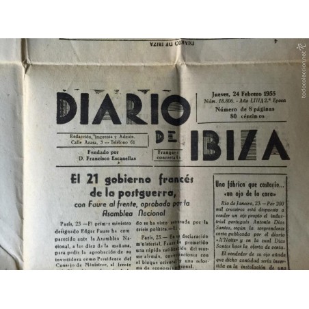 IBIZA. DIARIO DE IBIZA. 24 FEBRERO 1955. N°18.806.