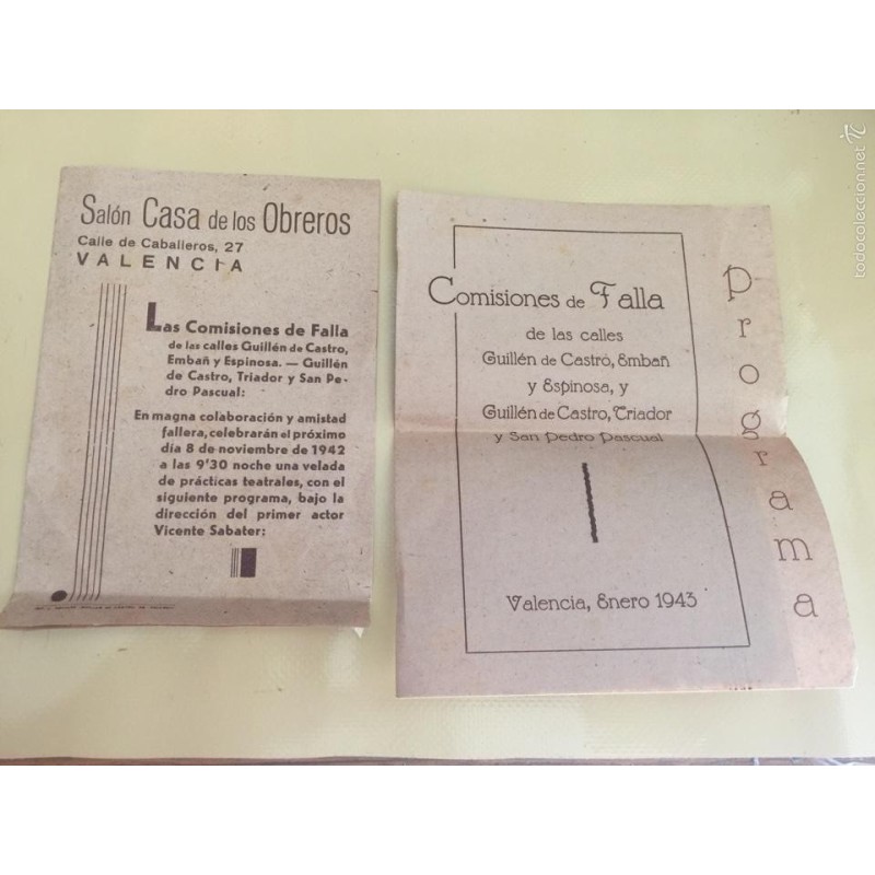 SALÓN CASA DE LOS OBREROS -VALENCIA-LAS COMISIONES DE FALLAS-3 OBRAS TEATRALES 1942- PROGRAMA 1943. SALÓN CASA DE LOS OBREROS -VALENCIA-LAS COMISIONES DE FALLAS-3 OBRAS TEATRALES 1942- PROGRAMA 1943.