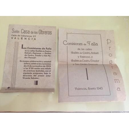 SALÓN CASA DE LOS OBREROS -VALENCIA-LAS COMISIONES DE FALLAS-3 OBRAS TEATRALES 1942- PROGRAMA 1943.