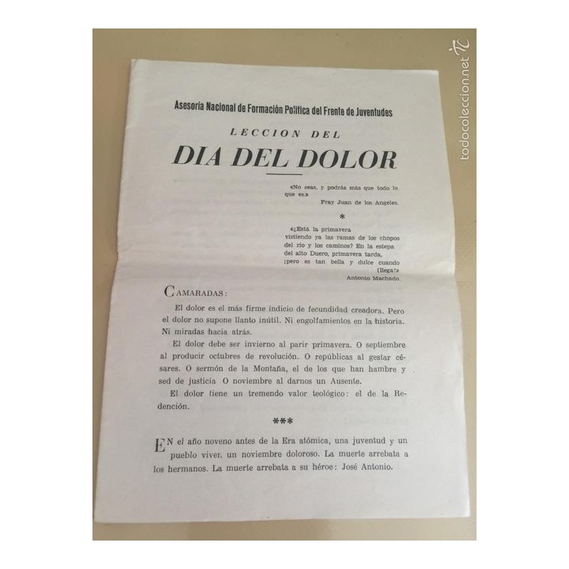 FRENTE DE JUVENTUDES. LECCIÓN DEL DÍA DEL DOLOR. AÑO 1954. FRENTE DE JUVENTUDES. LECCIÓN DEL DÍA DEL DOLOR. AÑO 1954.