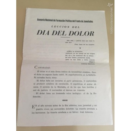 FRENTE DE JUVENTUDES. LECCIÓN DEL DÍA DEL DOLOR. AÑO 1954.