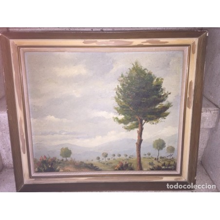 OLEO EN TABLA. PAISAJE. FIRMADO M. MARTI. DEDICADO A V. DOMENECH. AÑO 1959.