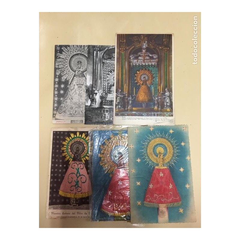 ZARAGOZA. VIRGEN DEL PILAR. TARJETA POSTAL. 6 IMAGENES DISTINTAS. UNA DE 1937 DESTRUIDA. 2 BORDADAS.