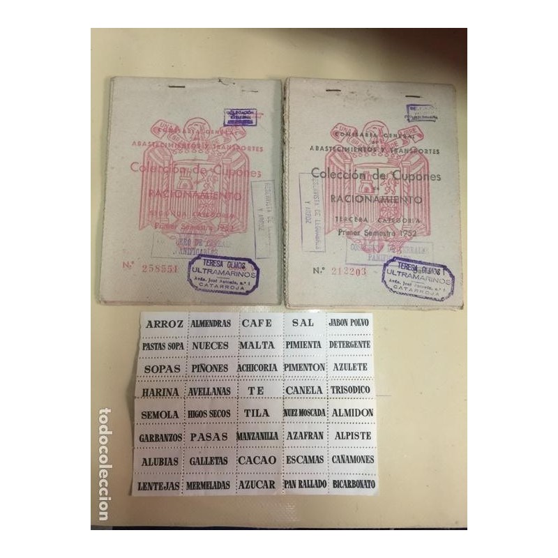 CARTILLAS DE RACIONAMIENTO.LOTE ESPECIAL. CUPONES RACIONAMIENTO. CATARROJA. AÑO 1952.