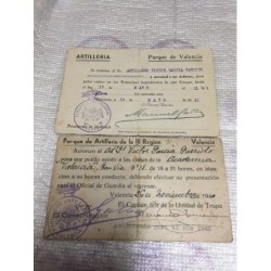 ARTILLERIA. PARQUE DE VALENCIA. DOS AUTORIZACIONES. AÑO 1940-1941.