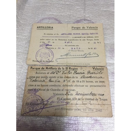 ARTILLERIA. PARQUE DE VALENCIA. DOS AUTORIZACIONES. AÑO 1940-1941.