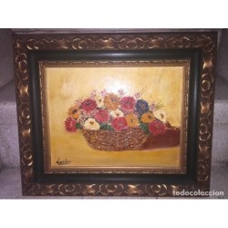 LUCIA VAQUERO PRIETO. OLEO ACRILICO SOBRE TABLA. CESTA DE FLORES.FIRMADO LUCIA.