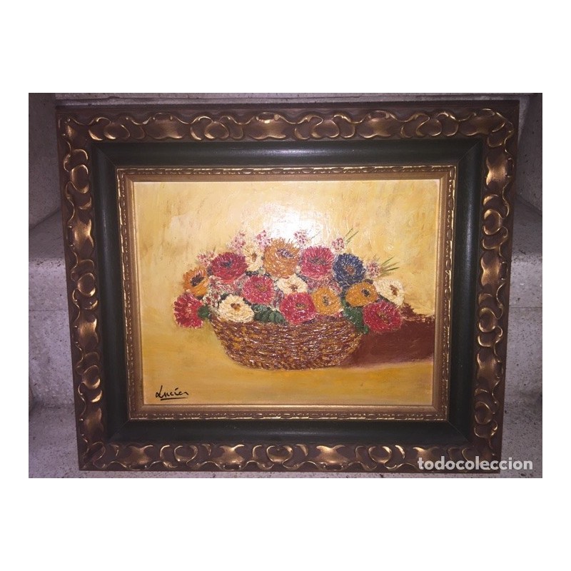 LUCIA VAQUERO PRIETO. OLEO ACRILICO SOBRE TABLA. CESTA DE FLORES.FIRMADO LUCIA.