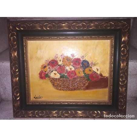LUCIA VAQUERO PRIETO. OLEO ACRILICO SOBRE TABLA. CESTA DE FLORES.FIRMADO LUCIA.