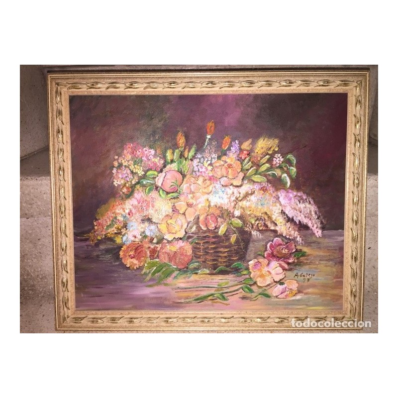 OLEO SOBRE LIENZO. CESTA DE FLORES. FIRMADO A. GALLEGO.