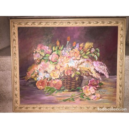 OLEO SOBRE LIENZO. CESTA DE FLORES. FIRMADO A. GALLEGO.