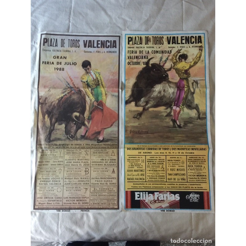 TOROS. PLAZA TOROS VALENCIA. 2 CARTELES FERIA 1988.