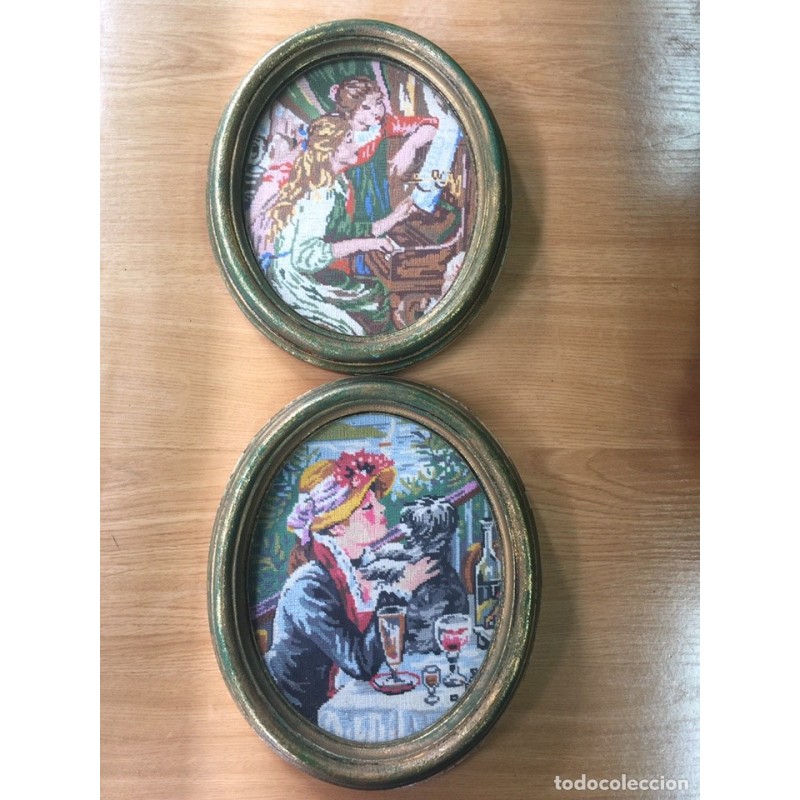 PAREJA CUADROS OJOS DE BUEY EN MADERA ORIGINAL. IMAGENES EN TELA PINTADA CON CRISTAL.