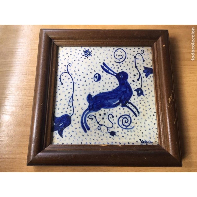 AZULEJO CERAMICA ORIGINAL. PINTADO A MANO. FIRMADO ANTIGUO. ENMARCADO.