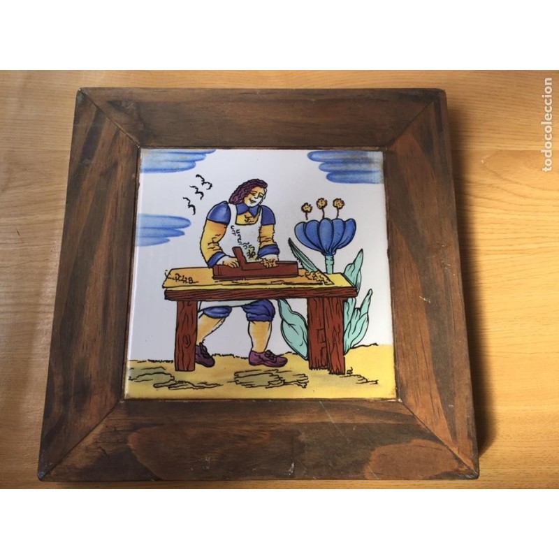 AZULEJO CERAMICA ORIGINAL. PINTADO A MANO. FIRMADO. ANTIGUO. ENMARCADO.