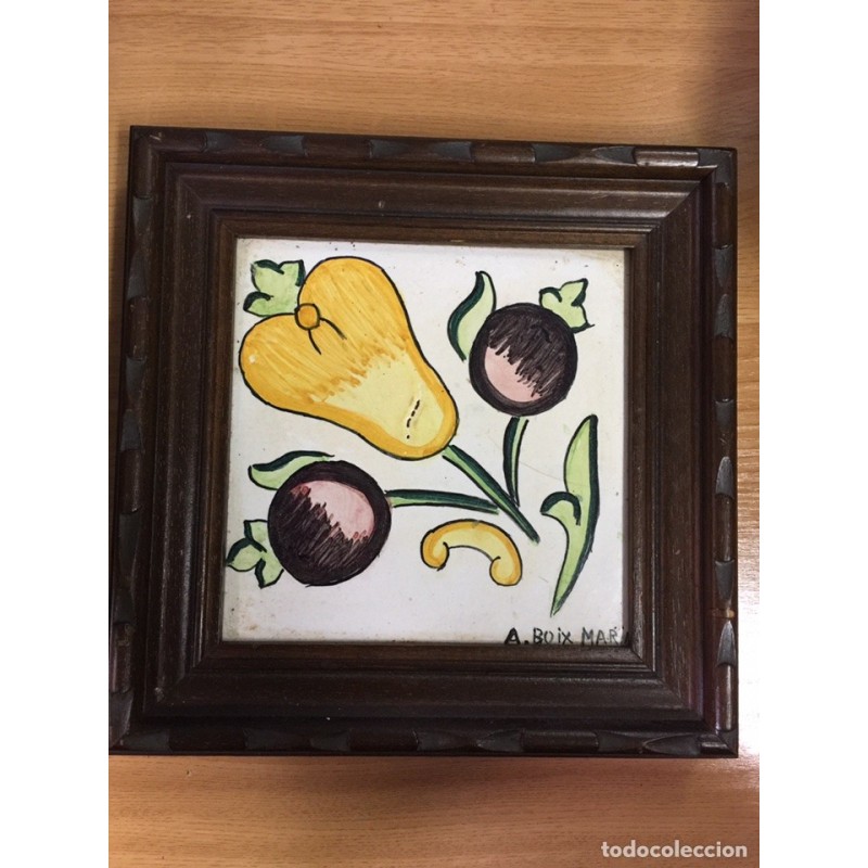 AZULEJO CERAMICA ORIGINAL. PINTADO A MANO. FIRMADO A. BOIX MARIN. ANTIGUO. ENMARCADO.