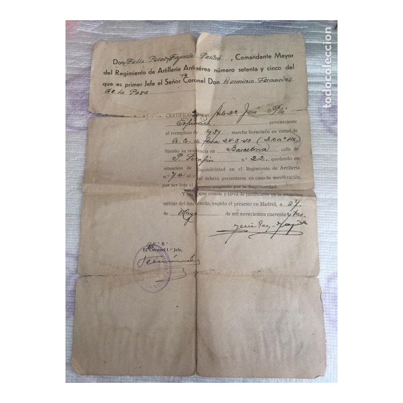 LICENCIA DE MILITAR Y REVISTAS POSTERIORES. REGIMIENTO ARTILLERÍA. N°75.