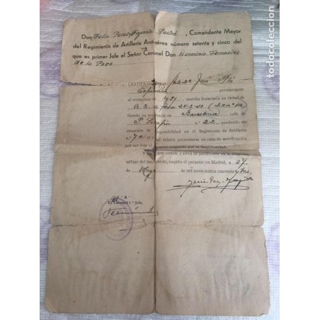 LICENCIA DE MILITAR Y REVISTAS POSTERIORES. REGIMIENTO ARTILLERÍA. N°75.