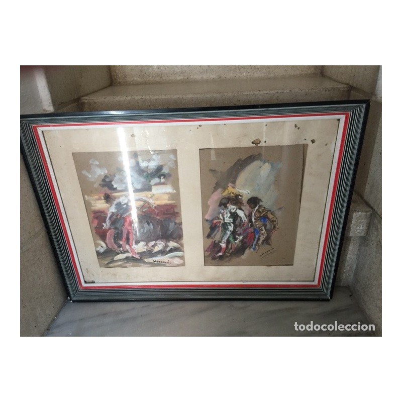 TOROS. TAUROMAQUIA. 2 CARTELES AL PASTEL. ANTIGUOS. ORIGINALES. FIRMADOS.