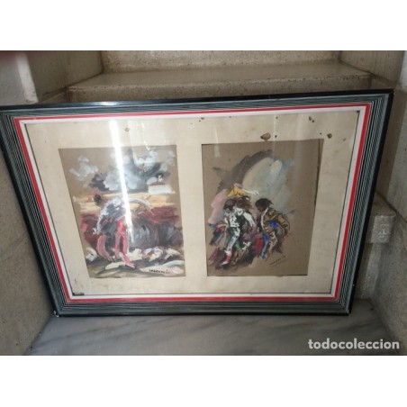 TOROS. TAUROMAQUIA. 2 CARTELES AL PASTEL. ANTIGUOS. ORIGINALES. FIRMADOS.