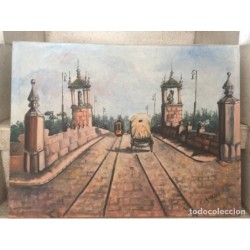 OLEO SOBRE LIENZO. PUENTE SAN JOSE. VALENCIA. FIRMADO A. CRESPO.