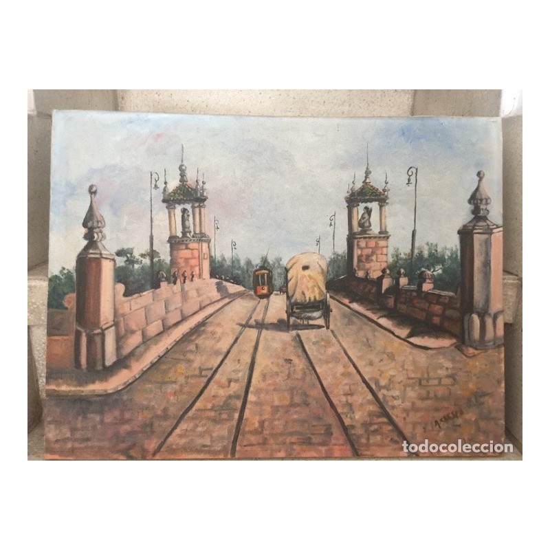 OLEO SOBRE LIENZO. PUENTE SAN JOSE. VALENCIA. FIRMADO A. CRESPO.