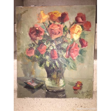 OLEO SOBRE LIENZO. JARRÓN DE FLORES. FIRMADO QUINTERO. AÑO 1960.