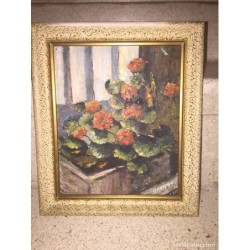 OLEO SOBRE TABLA. FLORES. FIRMADO MAXIMO.
